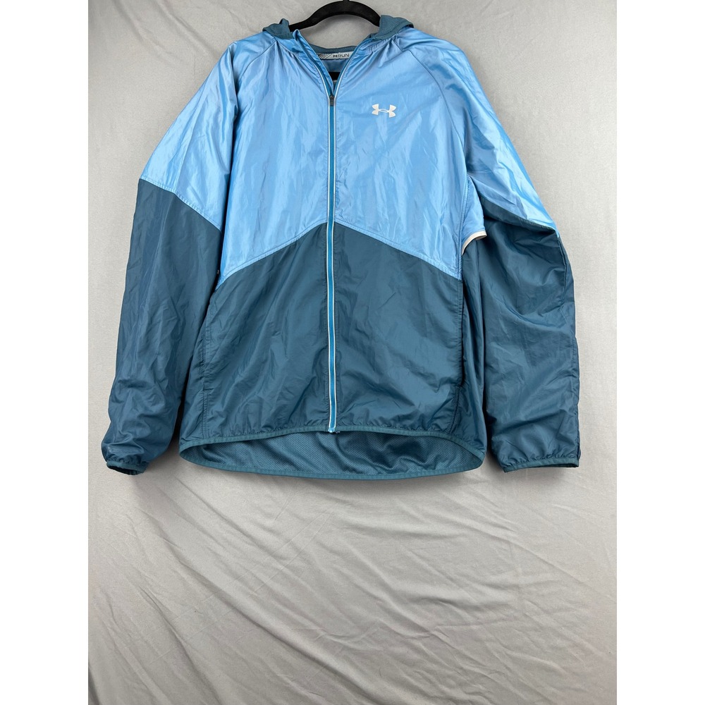 Under Armour Run Jacket Mens Large Fitted Windbreaker Blue Hooded Full Zip 4972